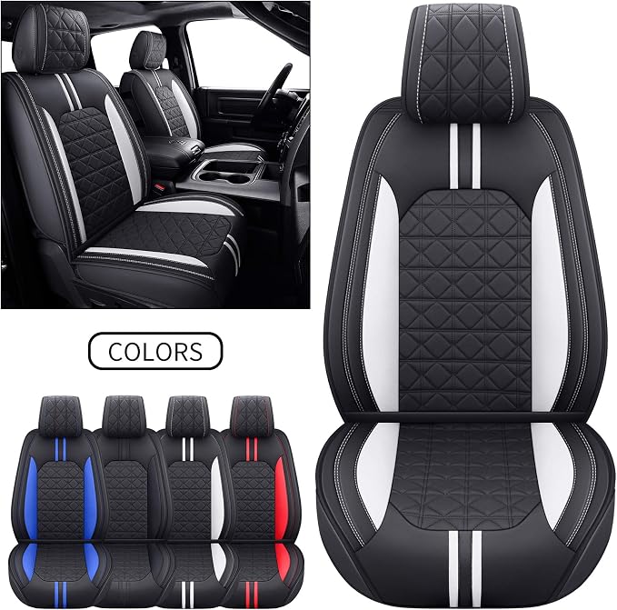 YIERTAI Truck Seat Covers for Dodge RAM fit 2009-2025 2026 1500 2500 3500HD Limited Laramie Classic Bighorn Longhorn Crew Double Quad Cab Mega Cab Waterproof Leather(2 PCS Front only/Black-White)