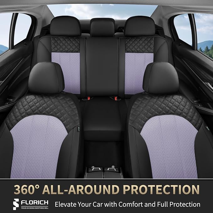 FLORICH Purple Seat Covers for Cars Front Seats Cover Mesh Leather Car Seat Covers Automotive Comfort & Protection Airbag-Compatible Spill-Proof Interior Cover Fit for Most Car SUV Truck, Black&Purple