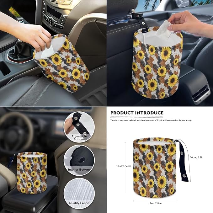 14 Pieces Car Seat Covers Full Set Sunflower Cow Print Car Front and Rear Seat Covers Steering Wheel Cover Armrest Pad Safety Belt Pads for Women Girls, Universal Fit Most Vehicle