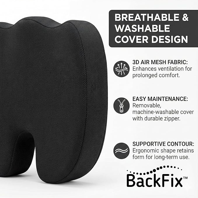 BackFix Max Comfort Extra Thick Orthopedic Doctor Designed Memory Foam Seat Cushion. Extra Thick Pressure Relief for Office Chair, Car Seat, Tailbone Sciatica Pain Relief, Black