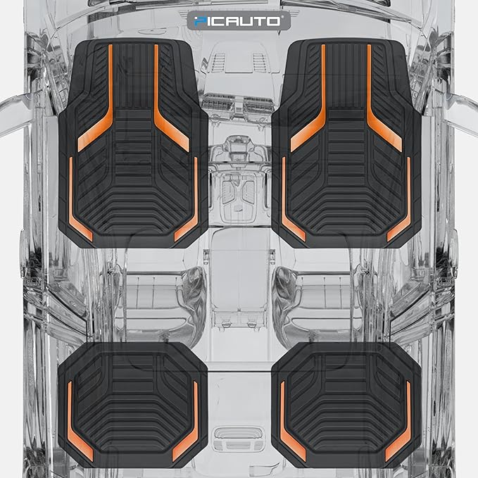PIC AUTO Heavy Duty Rubber Floor Mats, Orange Aluminum Film Car Mats Set, Front and Rear Car Mats with Anti-Slip Backing, All Weather Protection, Trim-to-Fit for Automotive SUV, Sedan, Van