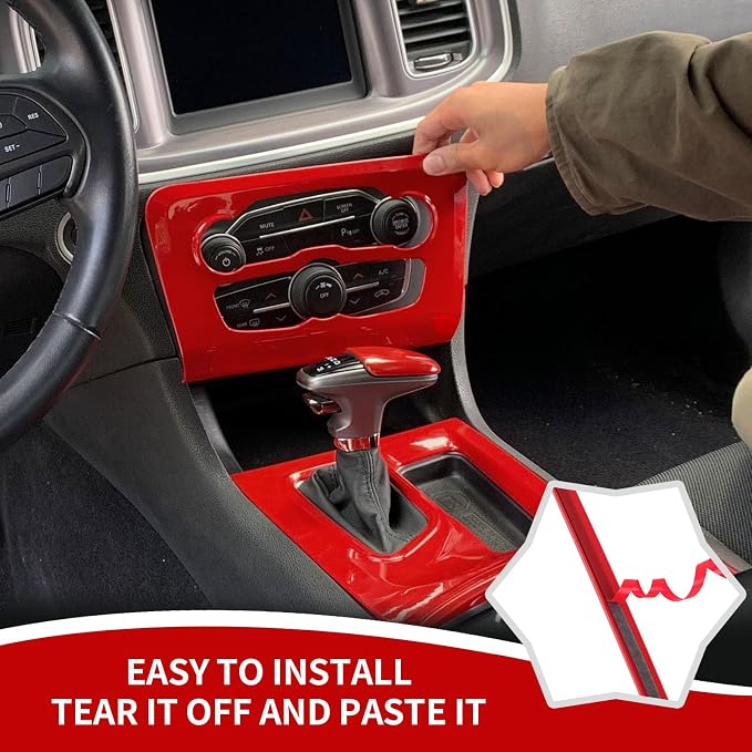 RAZPOY 5PCS Red Interior Trim Kit Compatible with 2015-2023 Dodge Charger Accessories, Gear Shift Cup Holder Cover Headlight Switch Air Conditioning Panel Trim