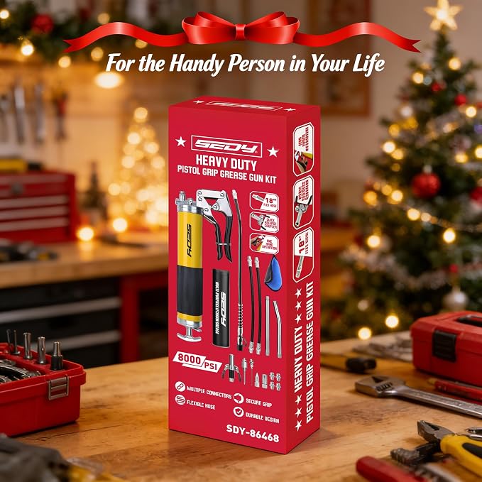 17-Piece Heavy Duty Grease Gun Kit: 14oz Grease Tube Flexible Hose Bearing Grease Pump 8000 PSI Pistol Grip Grease Guns Tool Marine Durable Connectors Adapters Extension Tubes Nozzle Easy Operation
