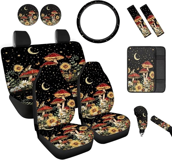 BIGCARJOB Mushroom Car Accessories Full Set 12 Pcs Auto Seat Cover for Front Rear,Sunflower Mushroom Auto Interior Seat Protector Steering Wheel Cover,Seat Belt Pads,Handbrake Brake Protector