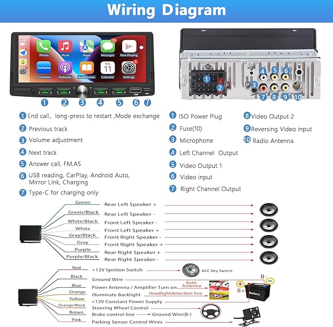 Single Din Touchscreen Radio with Wireless Apple CarPlay & Android Auto, 6.9" IPS Car Stereo with Bluetooth, Mirror Link, FM/AM,EQ, USB/Type-C, SWC, HD Backup Camera, Microphone for Car Audio Upgrade