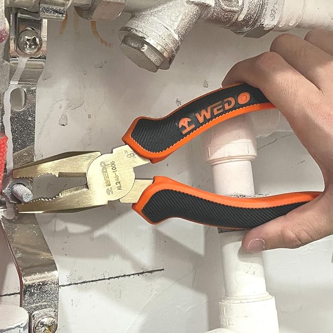 WEDO Non-Sparking Lineman's Pliers 6", Spark-free Safety Side Cutter Linemans Pliers, Combination Pliers, Wire Stripper, Crimper, DIN Standard, BAM & FM Certificate, Aluminum Bronze