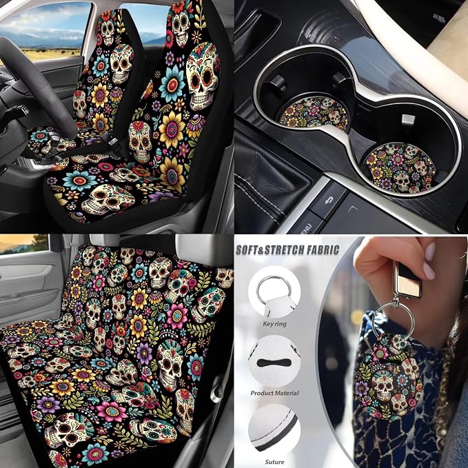 Skull Flower Car Seat Covers Full Set with Front and Split Rear Bench 17 Pack Skull Hippie Flower Car Accessories Set with Car Floor Mats Seat Belt Cover Steering Wheel Covers,Universal Fit