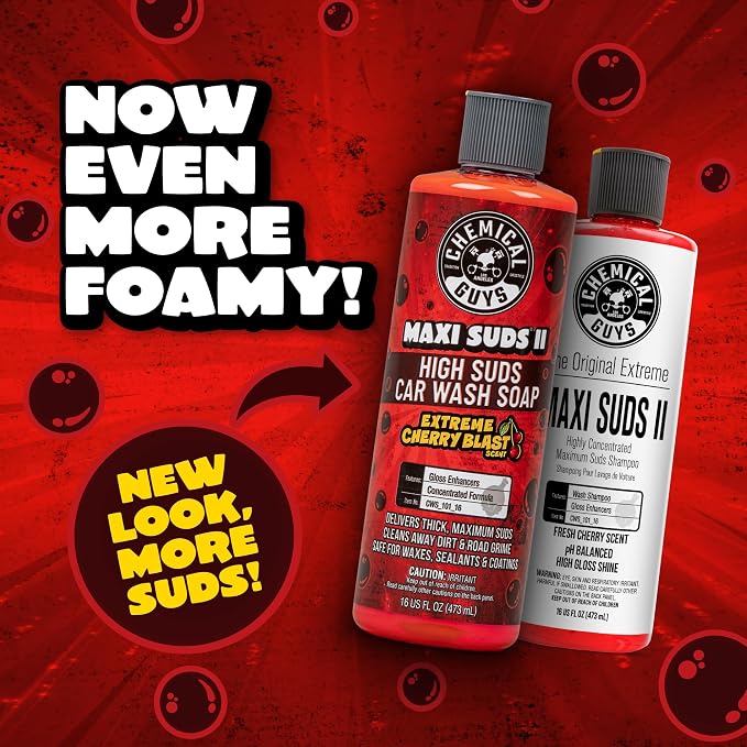 Chemical Guys Maxi Suds II Cherry Scent Car Wash Soap and Chenille Microfiber Wash Mitt Bundle, High Foam Shampoo for Foam Cannons, Guns, and Buckets, Safe for All Paint - 16 Fl Oz