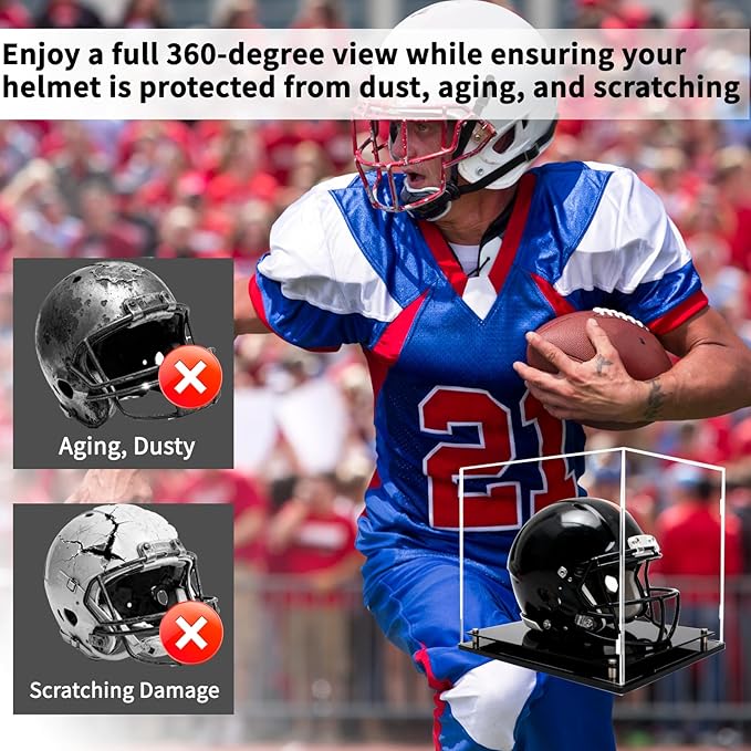 Football Helmet Display Case, Crystal Clear Acrylic Showcase with Stainless Steel Screw Feet, Helmet Case with Black Protection Holder Base, Self-Assembly Dust-Proof Helmet Case for Sports Memorabilia