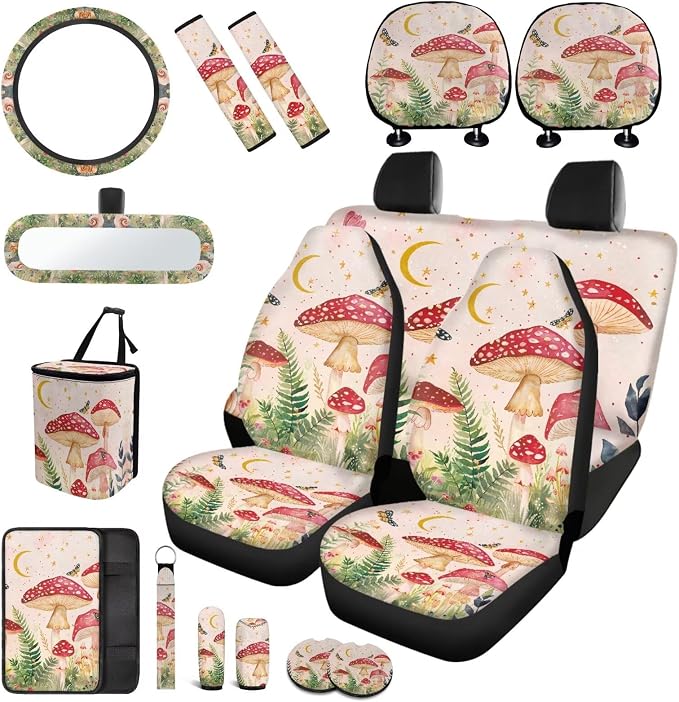 Mushroom Car Seat Covers Full Set of 17 Pcs,Starry Sky Mushroom Car Aaccessories Set with Head Rest Covers, Steering Wheel Covers,Car Trash Can with Lid Universal Auto Interior for Women