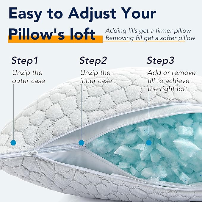 QUTOOL Cooling Pillow for Sleeping, CertiPUR-US Shredded Memory Foam King Pillow Set of 1, Cool Pillow for Hot Sleepers Adjustable Firm Pillow for Side, Back, Stomach Sleepers Soft Yet Support, White