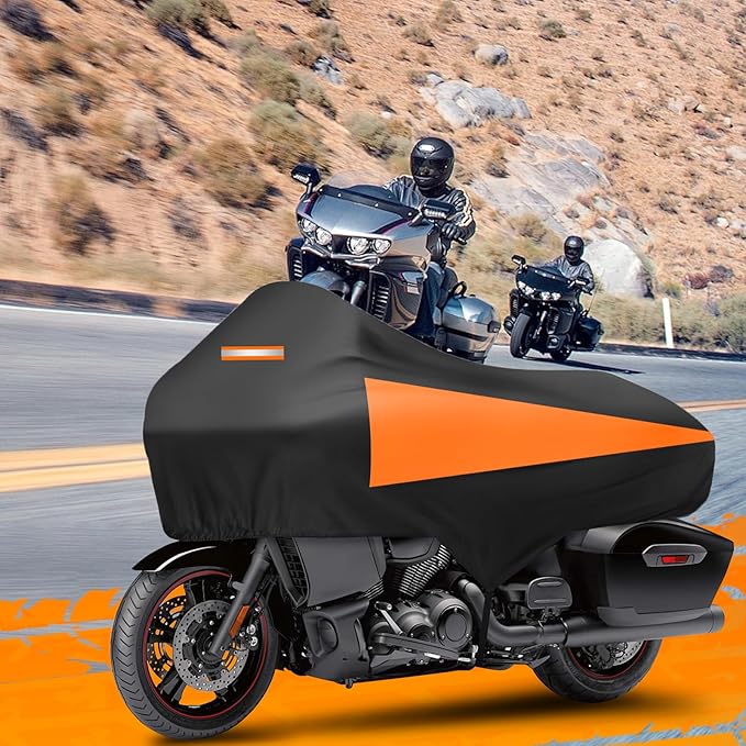 Motorcycle Half Cover with Elastic Hook Waterproof Dustproof Sunproof All-Weather Protection Suitable for Touring Models Road King Street Glide Road Glide and More(Black&Orange)