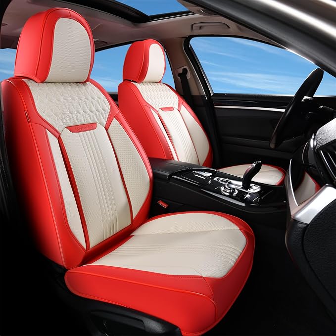 Coverado Seat Covers Full Set, Leather Car Seat Cover, Waterproof Car Seat Protector, Automotive Seat Covers Car Seat Cushion Universal Fit for Most Cars, Red&White