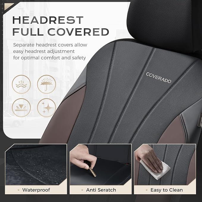 Coverado Car Seat Covers, 2 Front Seats Waterproof Nappa Leather Automotive Seat Protectors, Front Luxury Mesh Seat Covers, All-Weather Universal Fit for Most Cars SUVs, Trucks, Coffee&Black
