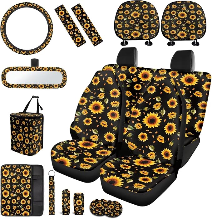 Sunflowers Car Seat Covers Full Set 17 Pack,Sunflower Car Aaccessories for Women Automotive Seat Head Rest Protector for Auto Front Seat Rest Decoration Soft Seat Belt Shoulder Pad
