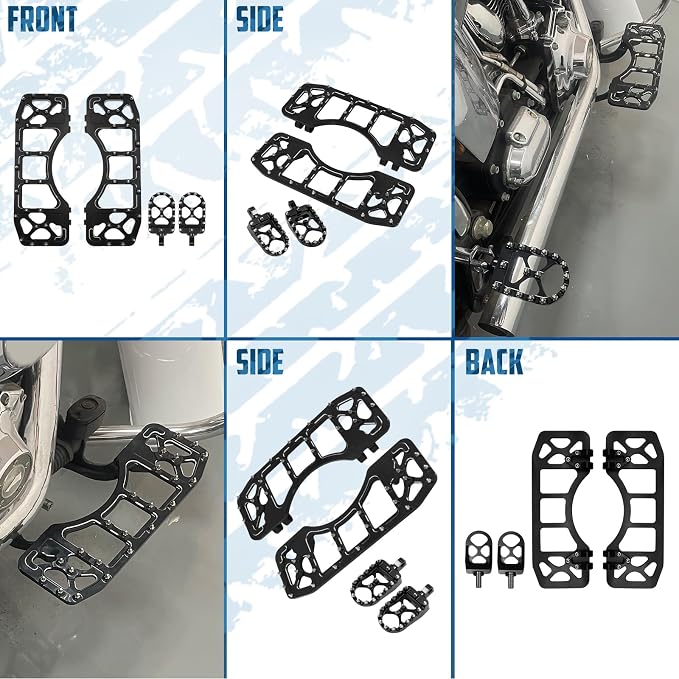 Motorcycle Floorboards Set Driver Front Footboards and Rear Passenger Foot Pegs Kit Offroad MX Style Compatible with Harley Touring Models (Black Large and Basic Set)