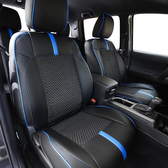 Seat Covers Custom Fit for Toyota Tacoma 2016-2023 3rd Gen Double & Crew Cab SR,SR5,Limited,TRD Pro,TRD Sport, TRD Off-Road,Full Coverage Breathable Leather Seat Covers (Full Set,Blue Black)
