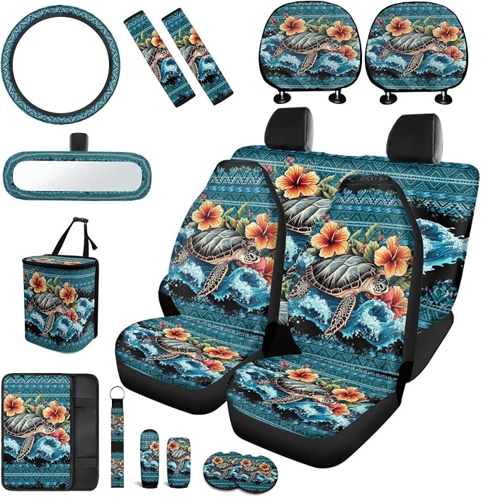 Sea Turtle Car Seat Covers Full Sets of 17 Pcs Navajo Sea Turtle Car Accessories Set for Women with Animals Print Auto Headrest Cover,Vehicle Trash Bag Universal Automotive Interior Decor