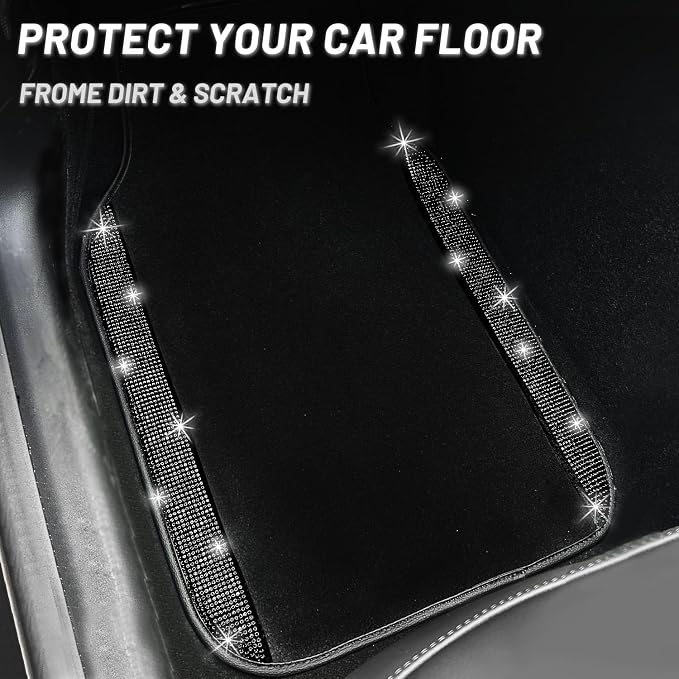 NBTEPEM Black Bling Car Floor Mats Full Set, Universal Fit Most Cars,SUV, Trucks, 4 pcs Sparkle Glitter Diamond Carpet for Women Girls with Anti-Slip Pad (Black Diamond)