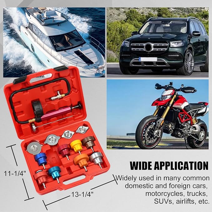 Coolant Pressure Tester Kit, Manual Pump Radiator Pressure Tester and Adapters Work on Cooling System Leak Down Test for Cars Motorcycles Trucks Airlifts, 14PCS Automotive Tools Red