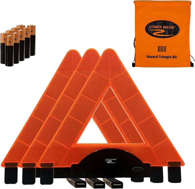 Lumen Wand 3-Pack LED Reflective Warning Triangles Kit for Road Safety | Metal Base, Internal LEDs & External Reflectors; Includes Storage Bag & 9 AAA Batteries | Emergency Triangle