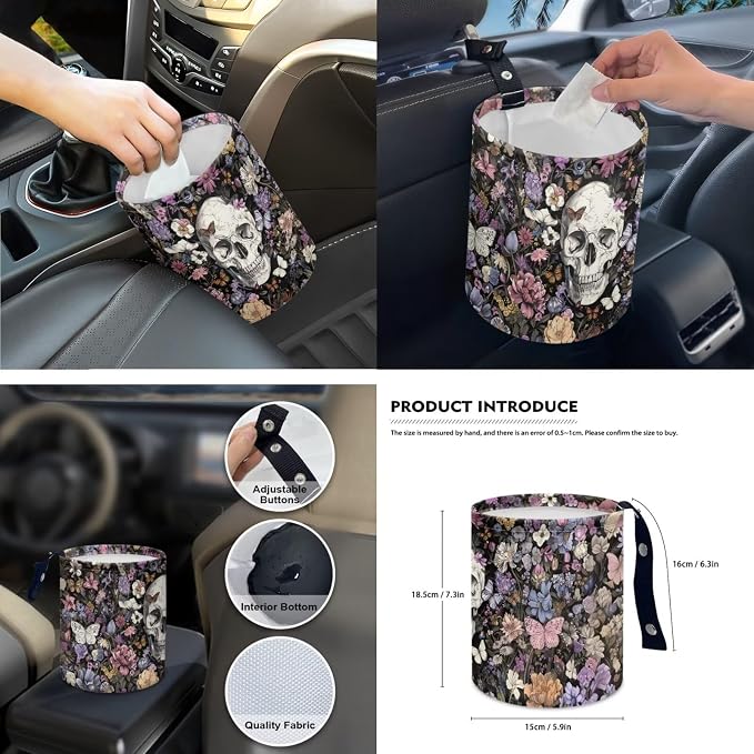 Skull Flower 15 PCS Car Seat Cover Full Set with Steering Wheel Cover Seat Belt Strap Pads Cup Coasters Trash Bag Rearview Mirror Cover Keychain Auto Interior Decor