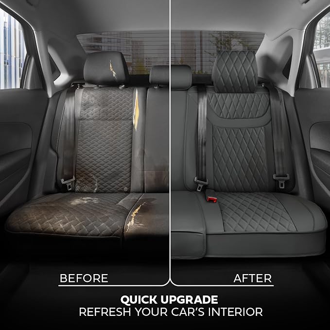MotorBox Creekstone Series – PU Leather Car Seat Covers Full Set, Cross-Stitch Edition Leather Seat Covers, Diamond Stitched PU Leatherette Gray Seat Covers for Cars Trucks SUVs