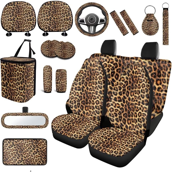 18 Pcs Car Seat Covers Full Sets Leopard Print Car Interior Accessories Sets with Cheetah Car Seat Belt Pads Cover Car Headrest Covers Auto Trash Bag Steering Wheel Cover,Easy to Install