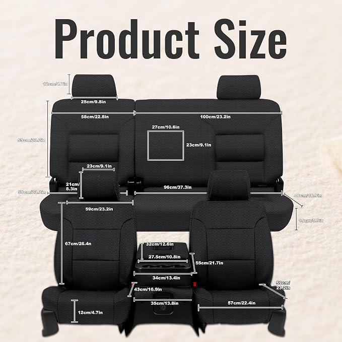 Thickened Composite Fabric Front & Rear Seat Covers for Chevy Silverado & GMC Sierra 1500 2015 2016 2017 2018 Durable Cloth Composite Foam with Headrest and Console Covers- Black
