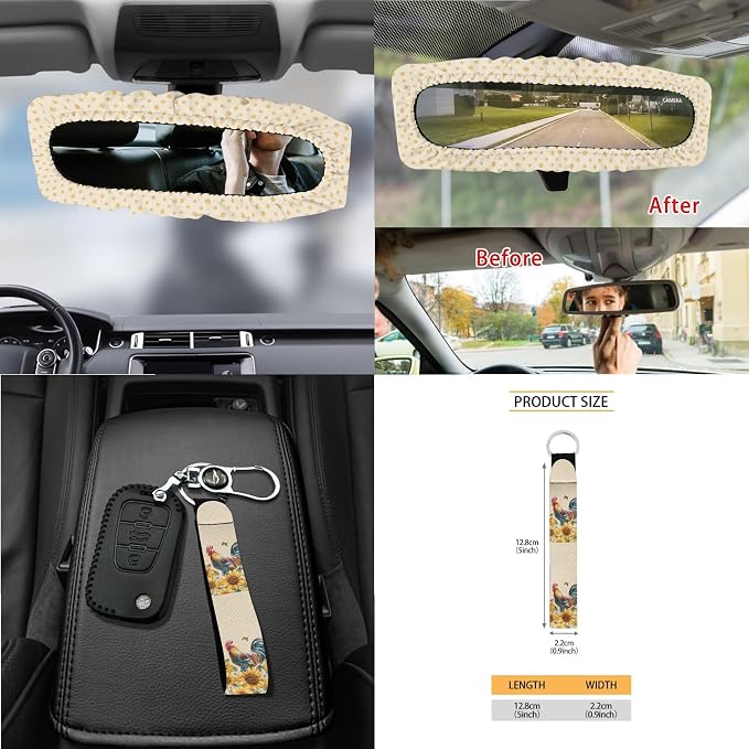 Chicken Butterfly Sunflower Dot Print 15 Pack Car Seat Covers Set Steering Wheel Cover Seat Belt Strap Pad Garbage Cans Air Vent Storage Holder Rearview Mirror Cover Coaster Keychain