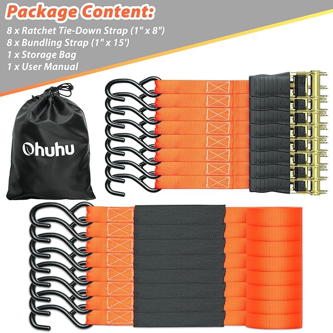 Ratchet Tie Down Strap 8-Pack 15 Ft - 500 lbs Load Cap with 1500 lbs Breaking Limit, Ohuhu Ratchet Tie Downs Logistic Cargo Straps for Moving Appliances, Motorcycle, Orange