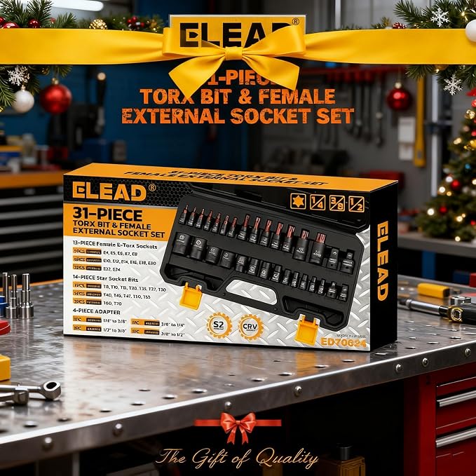 31-Piece Torx Bit Socket Set: 14 Star Bits T8-T70 & 13 E-Torx Sockets E4-E24, Premium CR-V & S2 Alloy Steel, High Torque Laser Marked for Automotive Mechanic