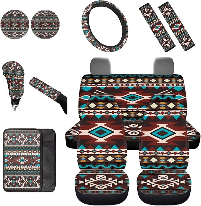 Dreaweet Tribal Navajo Print Car Seat Covers Full Set Southwestern Car Accessories 12 Piece with Steering Wheel Cover Armrest Covers Seat Belt Pads Cup Holders Gear Shift Handbrake Cover,Universal Fit