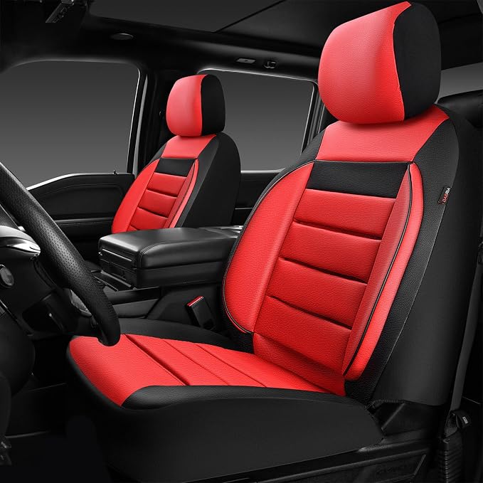 CAR PASS Leather Car Seat Covers Front Seats Only, Universal Fit Automotive Interior Waterproof 3D Foam Back Support Car Seat Covers for Trucks Vans and SUVs Airbag Compatible 2 Pieces (Black Red