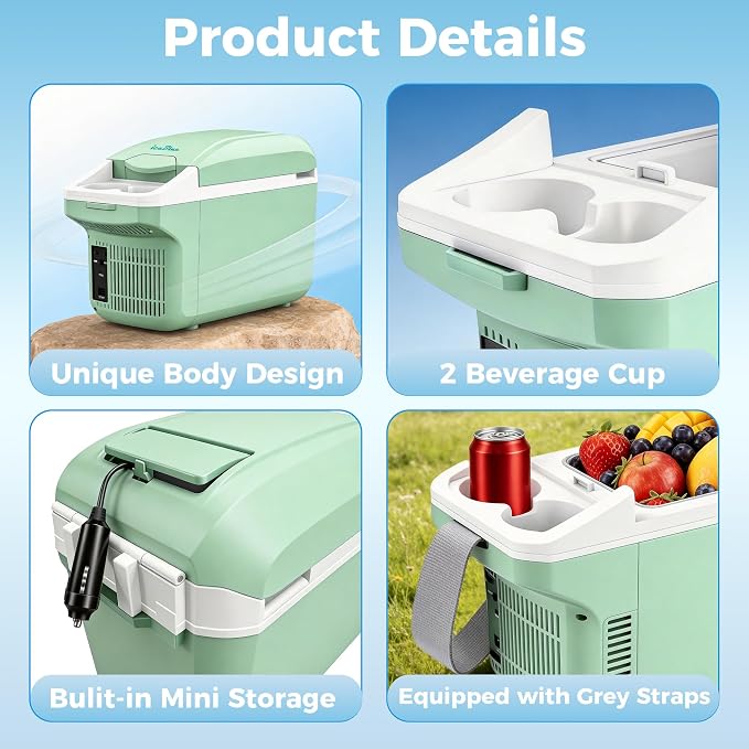 Iceblue Electric Cooler with Type-C, 8 Liter /11 Cans Mini Fridge with Belt, 9V Type-C Thermoelectric Dual-use Car Refrigerator, Car Fridge for Car, Dorm, Travel, Picnic, Gift (Green)