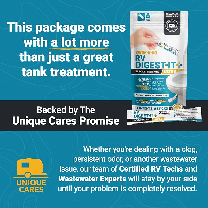 Unique RV Digest-It Ultra Stick Packs Summer-Long Tank Treatment, 6 Premeasured Packs, No Mess Powder for Black Tanks, Controls Odors, Helps Break Down Waste