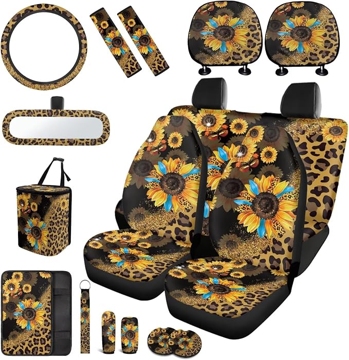 17 Pack Leopard Print Car Seat Covers Full Set for Front and Rear,Sunflower Car Accessories Sets with Women Man with Mirror Cover,Steering Wheel Cover,Auto Trash Can with Lid,Universal Fit