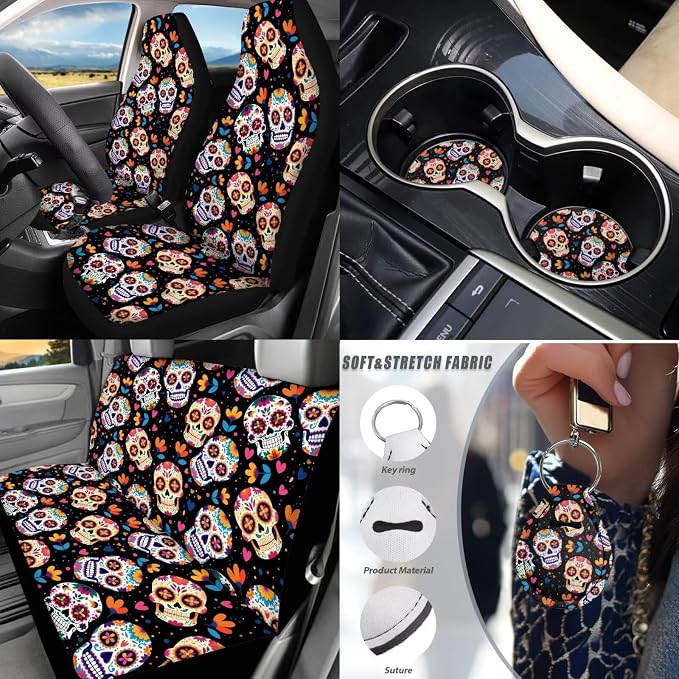 Skull Floral Car Seat Covers Full Set 17 Pack for Women Man Skull Print Car Accessories Set with Seat Belt Cover Pad,Steering Wheel Cover,Armrest Pad,Cup Coasters Car Floor Mats Set of 4