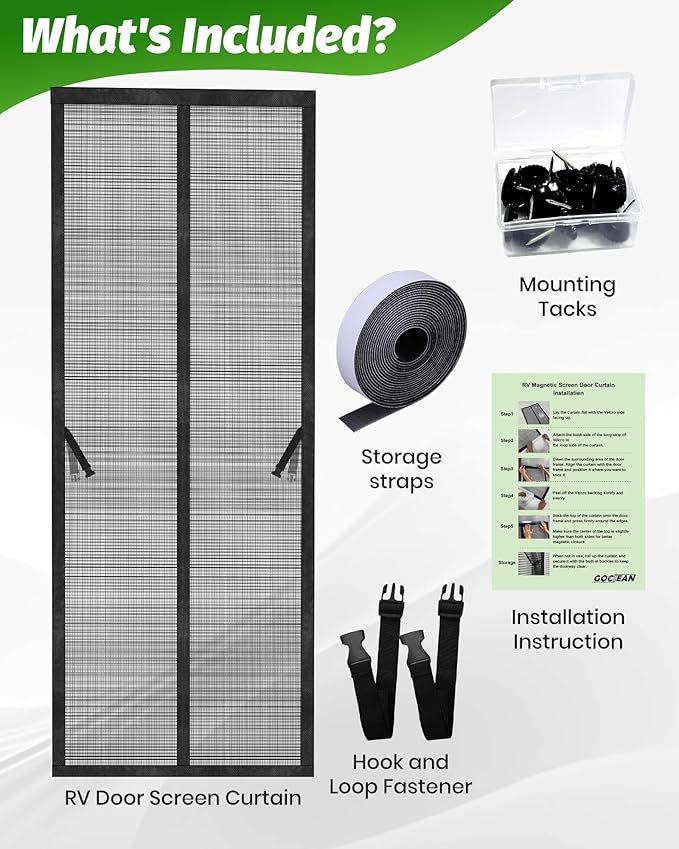 Magnetic RV Screen Door Curtain for Camper, Curtain Size 33'' x 75'', Travel Trailer, Fifth Wheel and Motorhome, Tear-Resistant Mesh Bug Screen, Self Closing Mosquito Net, Pet Friendly