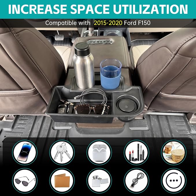 Backseat Cup Holder Insert for 2015-2020 Ford F150 & 2017-2022 F250 F350 F450 Accessories, Rear Center Console Armrest Cup Holder Organizer Tray Drink Holder, Full Console w/Bucket Seats ONLY