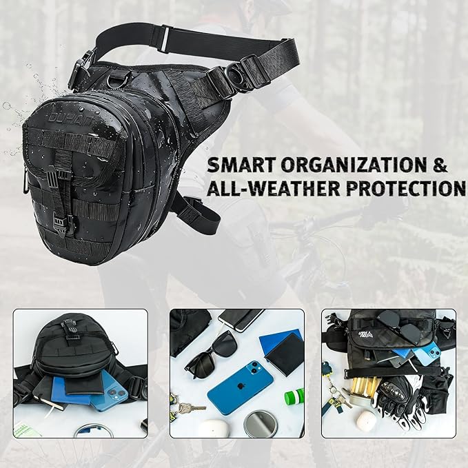 DUHAN Thigh Bag for Motorcycle Riding & Outdoor Adventures Waterproof Expandable Motorcycle Leg Bag with Adjustable Straps, MOLLE System, 3-Layer Organization for Phone, Wallet, Flashlight, Gear