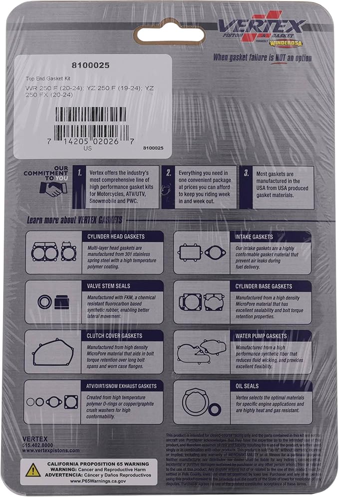 Vertex 8100025 Top End Gasket Kit Compatible With/Replacement For Yamaha WR 250 F 2020-2024, YZ 250 F 2019-2024, YZ 250 FX 2020-2024 77 mm Diameter