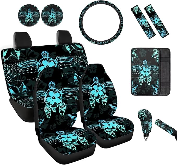 BIGCARJOB Sea Turtle Tribal Car Seat Cover Sets 12 Pcs Auto Interior Accessories Seat Belt Cover,Armrest Seat Box Cover Cushion,Cup Mats,Universal Car Seat Protector Sets