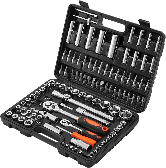 VEVOR Socket Set, 108 Pieces, 1/4 & 1/2 inch Drive Socket and Ratchet Set, Metric Size from 4 to 32 mm, Mechanic Tool Kit with Bits, Accessories, Storage Case, CR-V Alloy Steel, for Automotive Repair