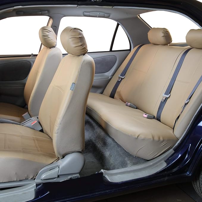 FH Group PU001114 + F11306 PU Leather Seat Covers (Beige) Full Set – Universal Fit for Cars Trucks & SUVs