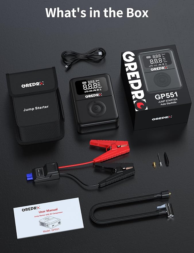 GREPRO Jump Starter with Air Compressor, 5000A Battery Jumper Starter Portable(10.0L Gas/8.0L Diesel),150PSI Tire Inflator 12V Car Battery Booster with Jumper Cables, Digital Display, LED Flashlight