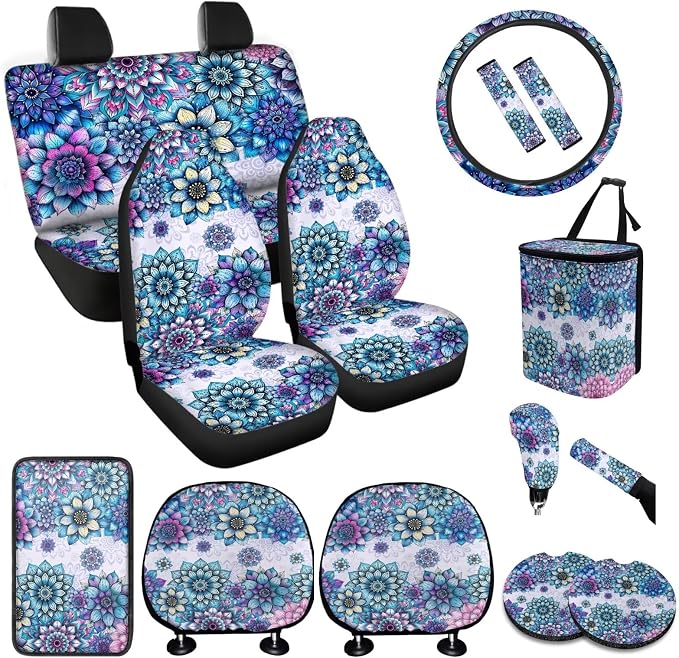 BIGCARJOB Purple Boho Lotus Car Seat Covers Set Hippie Lotus Print Auto Seat Headrest Cover Universal Steering Wheel Cover Car Trash Can Hanging Auto Interior Accessories Set 15 Pieces