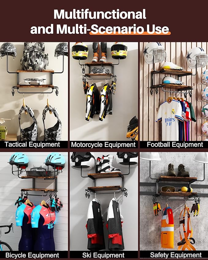 Motorcycle Helmet Holder Wall Mount, 2-Tier Helmet Rack with 2 Hat Stands, Motorcycle Accessories Gear Storage Organizer Display for Men Jackets, Caps in Garage, Living Room (Rustic Brown)