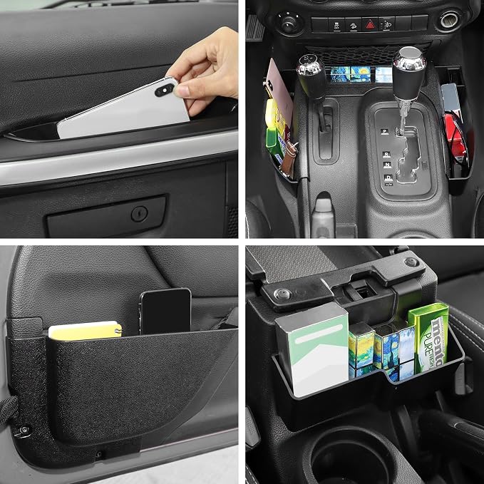 5PCS Interior Storage Fit for 2011-2018 Jeep Wrangler JK/JKU – Console Organizer, Passenger Side Grab Handle Box, Gear Tray, Front Door Net Pocket & Armrest Box Outer Storage