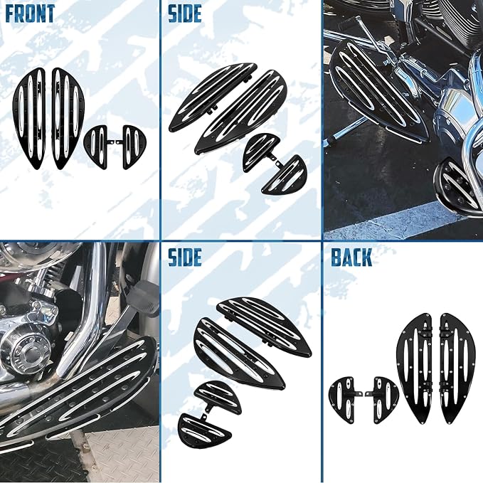 Motorcycle Floorboards Set Driver Front Footboards and Rear Passenger Foot Pegs Kit Hollow Striped Style Compatible with Harley Touring Road King Road Glide Electra Glide Street Glide (Black)